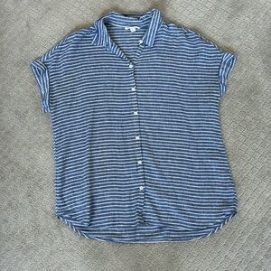 Short sleeve linen blend blue and white striped button up